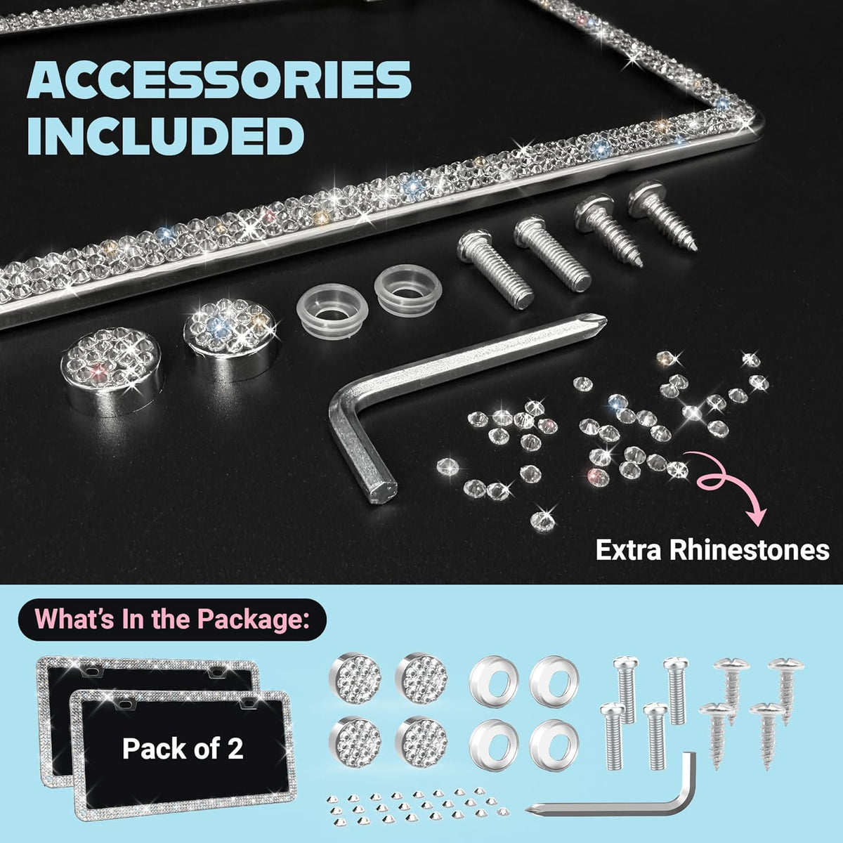 Dazzling Bling License Plate Frames for Women - 2 Pack, 1600 Premium Rhinestones, Rust-Free Stainless Steel, Street Legal Slim Design, Sparkly Diamond Car Tag Holders with Glitter Crystal Screw Covers