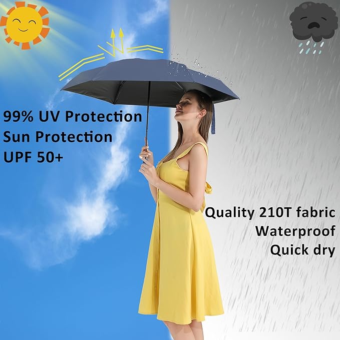 BAODINI Small UV Protection Travel Umbrella Compact for Rain and Sun UPF 50+ Windproof Portable 42 inch Umbrella for Women and Men
