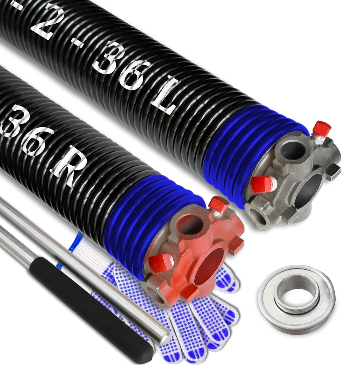 Garage Door Torsion Spring Set, Pair of 2" Electrophoresis Coated Garage Door Spring Replacement with 2 Non-Slip Winding Bars and Bearing, Minimum 16000 Cycles (.262x2x36)