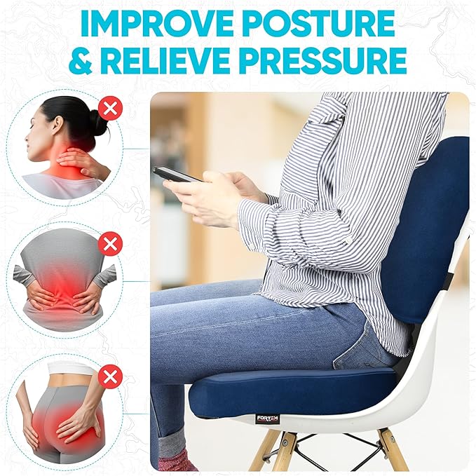 FORTEM Seat Cushion, Office Chair Cushion, Lumbar Support Pillow for Office Chair, Memory Foam Sciatica Coccyx Tailbone Pressure Pain Relief, Car Sitting Pad, Washable Non Slip