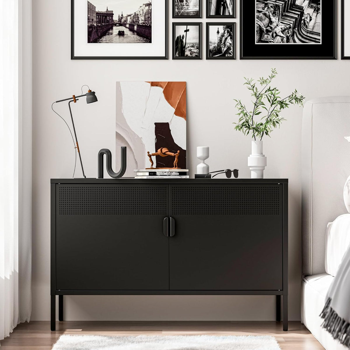 2 Door Storage Sideboard, Metal Storage Cabinet with 2 Adjustable Shelf,Multipurpose Metal Accent Cabinet for Office Home,Music Studio (Black, 25''H)