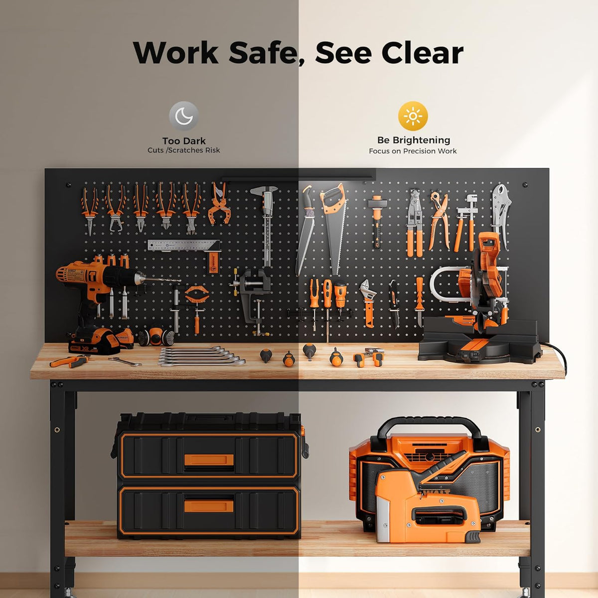 60" Work Bench Adjustable Height with Storage Shelf, Max Load 2000 LBS Heavy Duty Rubberwood Tabletop with Pegboard, LED Light, Built-in Power Strip for Woodworking Shop, Garage, Home