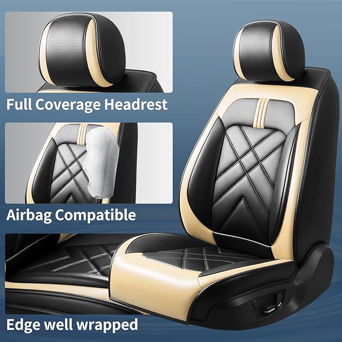 CX-70 Car Seat Covers Fit for Mazda CX-70 2025-2026, Full Coverage Premium Leather Waterproof Breathable Seat Covers, Automotive Seat Protectors, Airbag Compatible(2 Front Seats, Black Beige)
