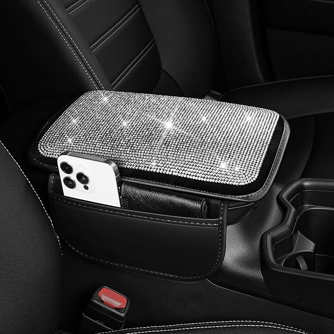 Bling Car Center Console Cover Custom Fit for Jeep Grand Cherokee L - Leather Armrest Cover with 2 Storage Pockets and Crystal Rhinestones(Black)