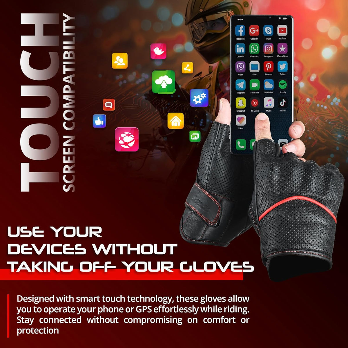 aasportx Motorcycle Gloves - Men's Leather Motorbike Gloves with Touchscreen Function - Non-Slip Pads for Men & Women