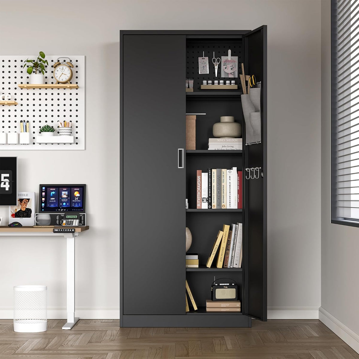 Washemba 71" Metal Garage Storage Cabinet, 2 Locked Doors and 5 Adjustable Shelves, can be Used for Storing Tools, consumables, Books, etc., for Office, Home, Garage, Gym, School (Black)