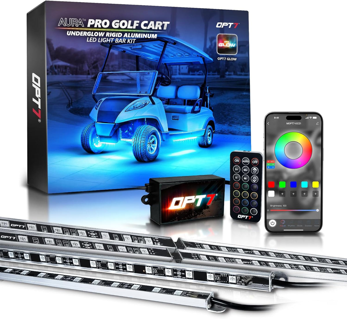 OPT7 Aura Pro Underglow Lights Kit for Golf Cart with APP & Remote Control, Waterproof Rigid Aluminum Light Bar, RGB Multicolor Music Sync LED Lighting Kit for EZGO Yamaha Club Car, 12V