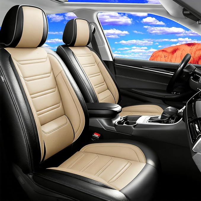 Fit Tahoe Car Seat Covers for Select Chevrolet/Chevy Tahoe 2000-2025 2026 - Full Coverage Leather, Waterproof & All Weather Seat Cushion Protector, Front Pair Black+Beige