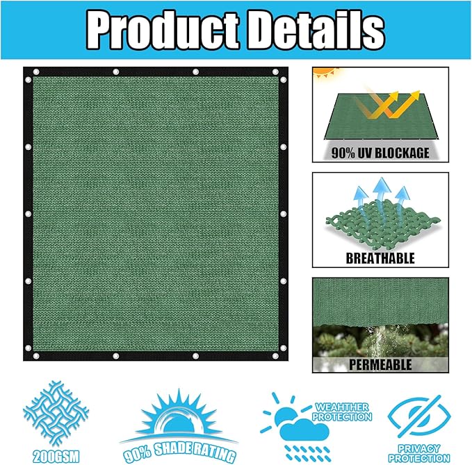 Amagenix 90% Pergola Shade Cover 6' X 11' Sun Shade Cloth with Grommets for Outdoor Garden Patio Porch, Commercial Grade 200 GSM - Cable Zip Ties Included (We Customized) GN108, Green