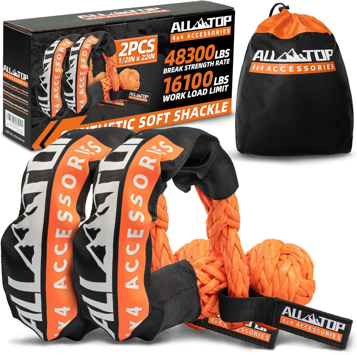 ALL-TOP Synthetic Soft Shackle Rope 1/2in x 22in (48300Lbs Max Break) UHMWPE Recovery Tow Shackles for Offroad 4x4 Vehicles, 2 PCS