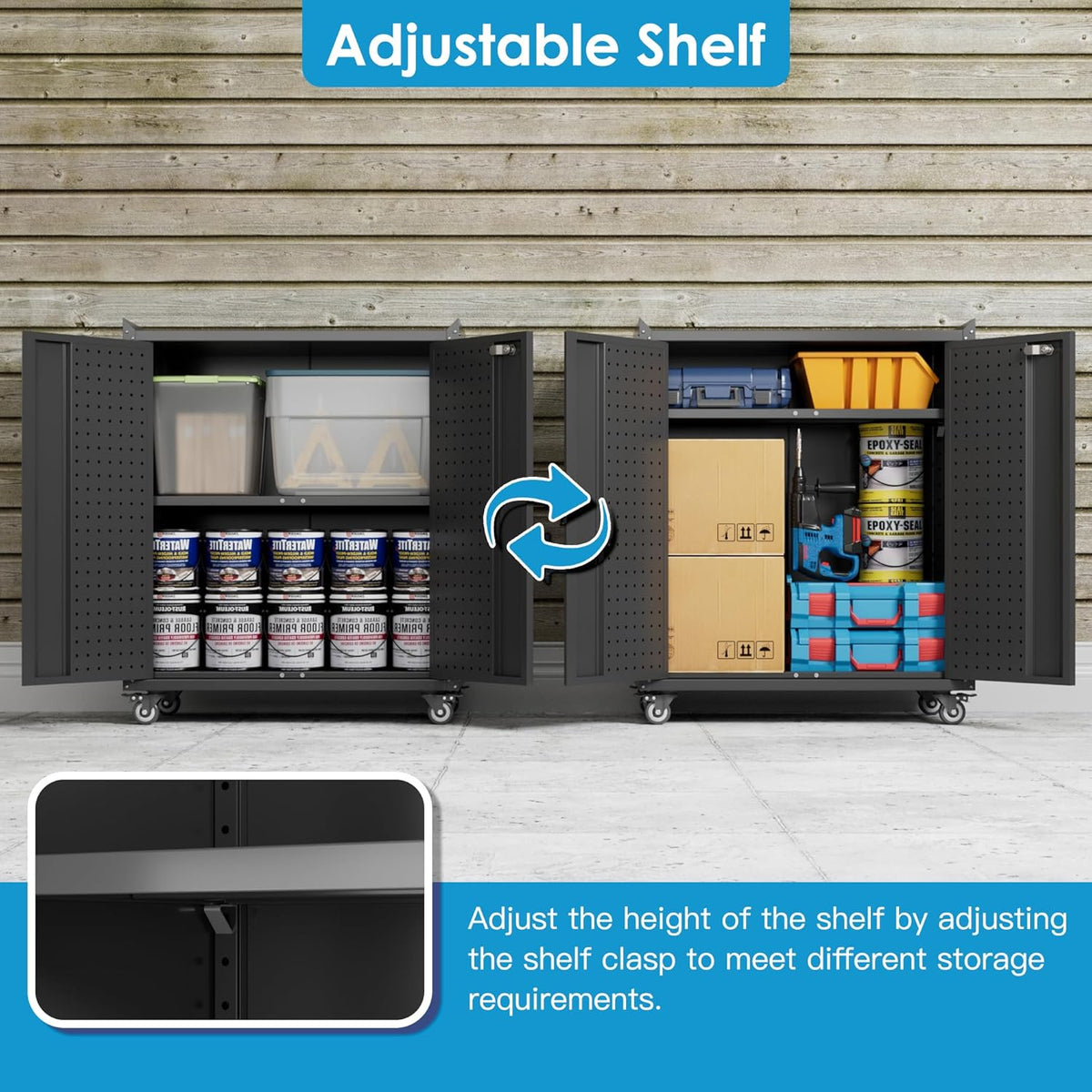 Metal Storage Cabinet with Wheels, Rolling Storage Cabinet with 2 Doors and Adjustable Shelves, Pegboard and 4 Hooks, Suitable for Garage, Home, Office, School, Black