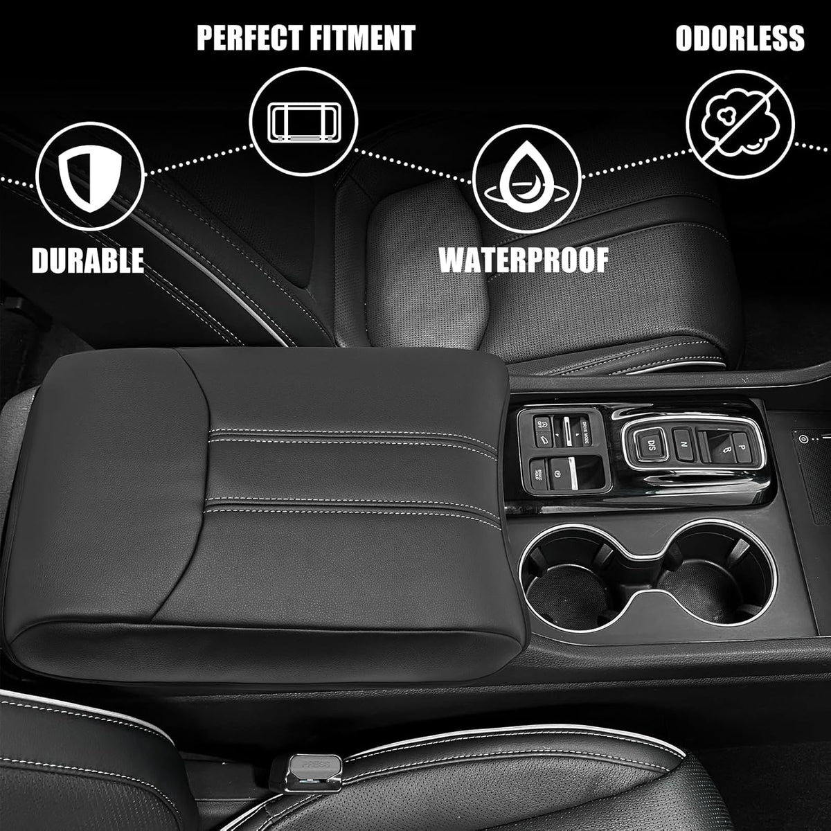 Muslogy Center Console Cover Compatible with Honda Pilot 2023 2024 2025, 2024-2026 Ridgeline/Passport Accessories Armrest Pad Lid Cushion Console Protector Vegan Leather Extra Soft(Black/White Trim)