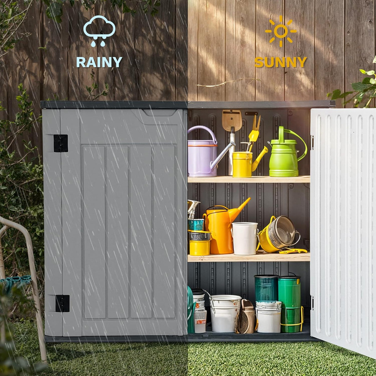 DWVO 47 cu ft Spacious Horizontal Storage Unit, Outdoor Resin Tool Locker Without Shelf, Waterproof Lockable Container with Base for Gardening, Waste Bins, Grass Cutter, 4.5x2.8x3.9 ft, Light Gray