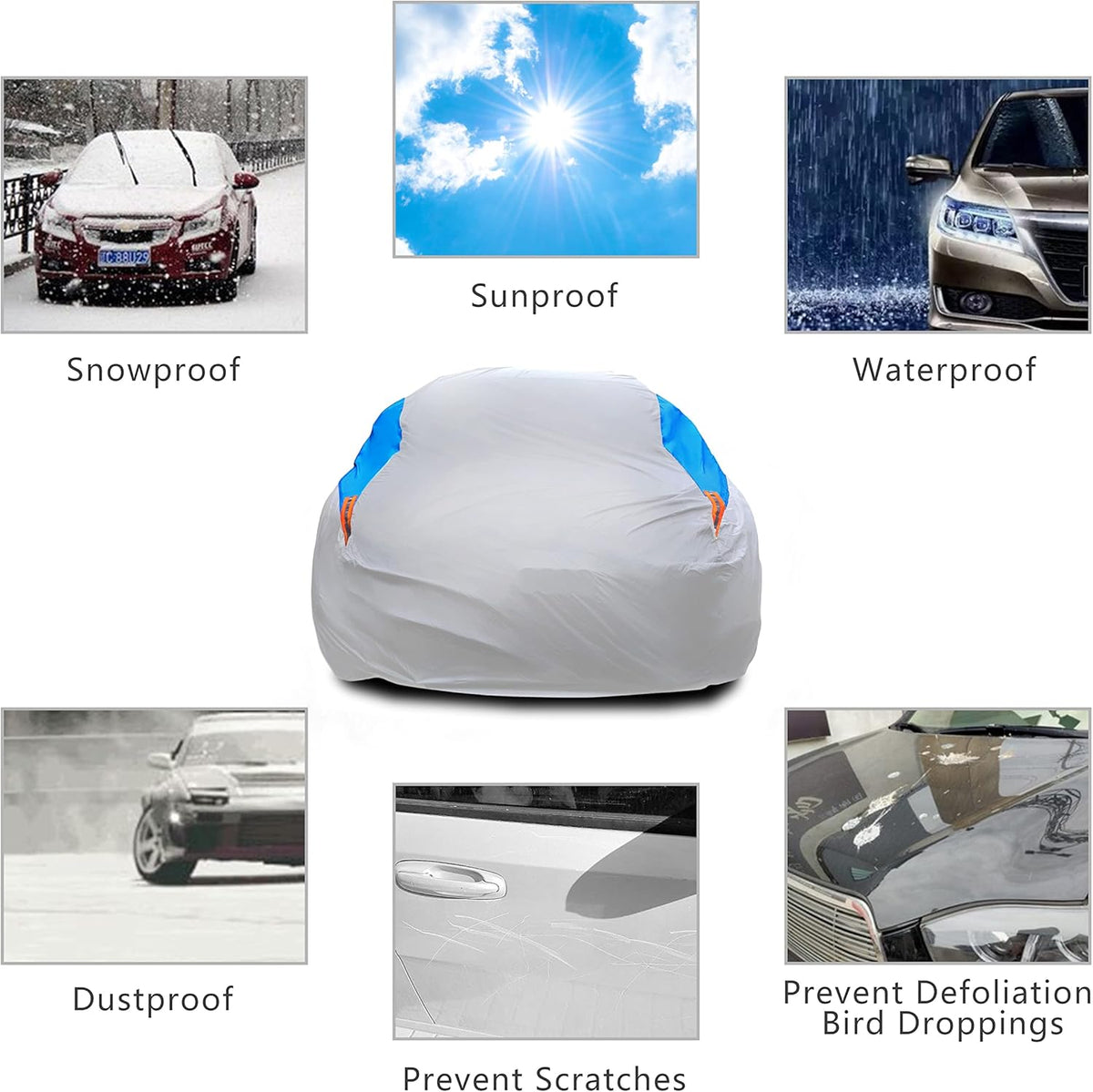 MORNYRAY Waterproof Car Cover All Weather Snowproof UV Protection Windproof Outdoor Full car Cover, Universal Fit for Sedan (Silvery, A2-Fit Sedan Length(Up to 177 inch)