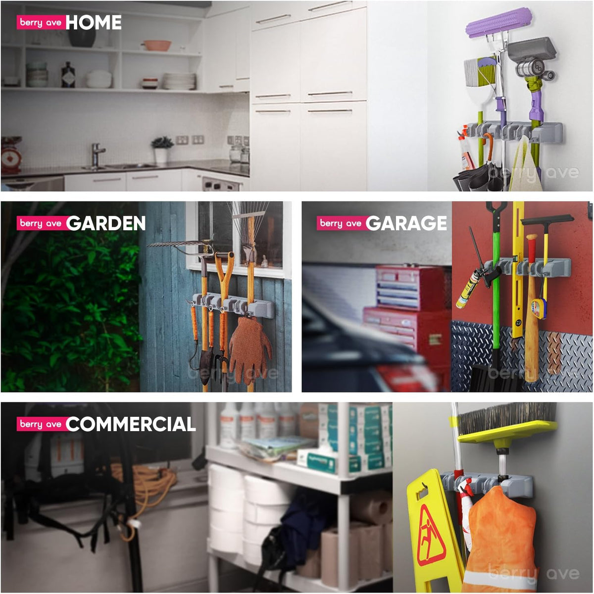 Berry Ave Broom Holder & Wall Mount Garden Tool Organizer- Kitchen, Closet, Garage & Laundry Room Storage With 5 Slots And 6 Hooks- Wall Holder For Broom, Rake & Mop Handles Up To 1.25” [Gray, 2 Pack]