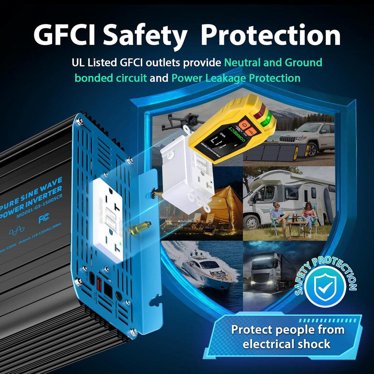 GIANDEL 1500 Watt Pure Sine Wave Power Inverter 12V DC to 120V AC,3100W Surge Peak Power,UL Listed GFCI Outlets,FCC Approved,USB-C36W,Remote with Battery Monitor for RVs,Campers,Off Grid Solar Setup