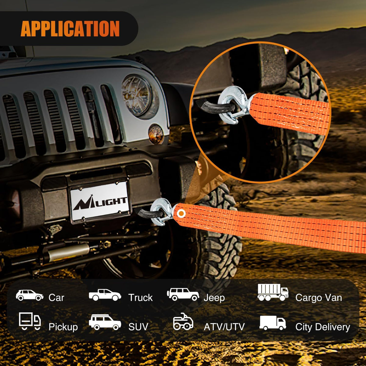 Nilight Tow Strap Heavy Duty with Safety Hooks 2”x20’ 10,000LBS Breaking Strength Towing Strap Rope for Trucks Vehicles Towing Accessories Cable Trailers, 2 Years Warranty