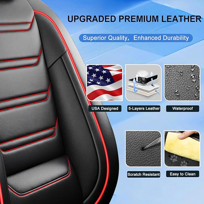 Fit CX-50 Car Seat Covers for Select Mazda CX50 2023-2026 - Premium Full Coverage Leather, Airbag Compatible, Luxury Waterproof All Weather Breathable Seat Protector, Full Set, Red Trim