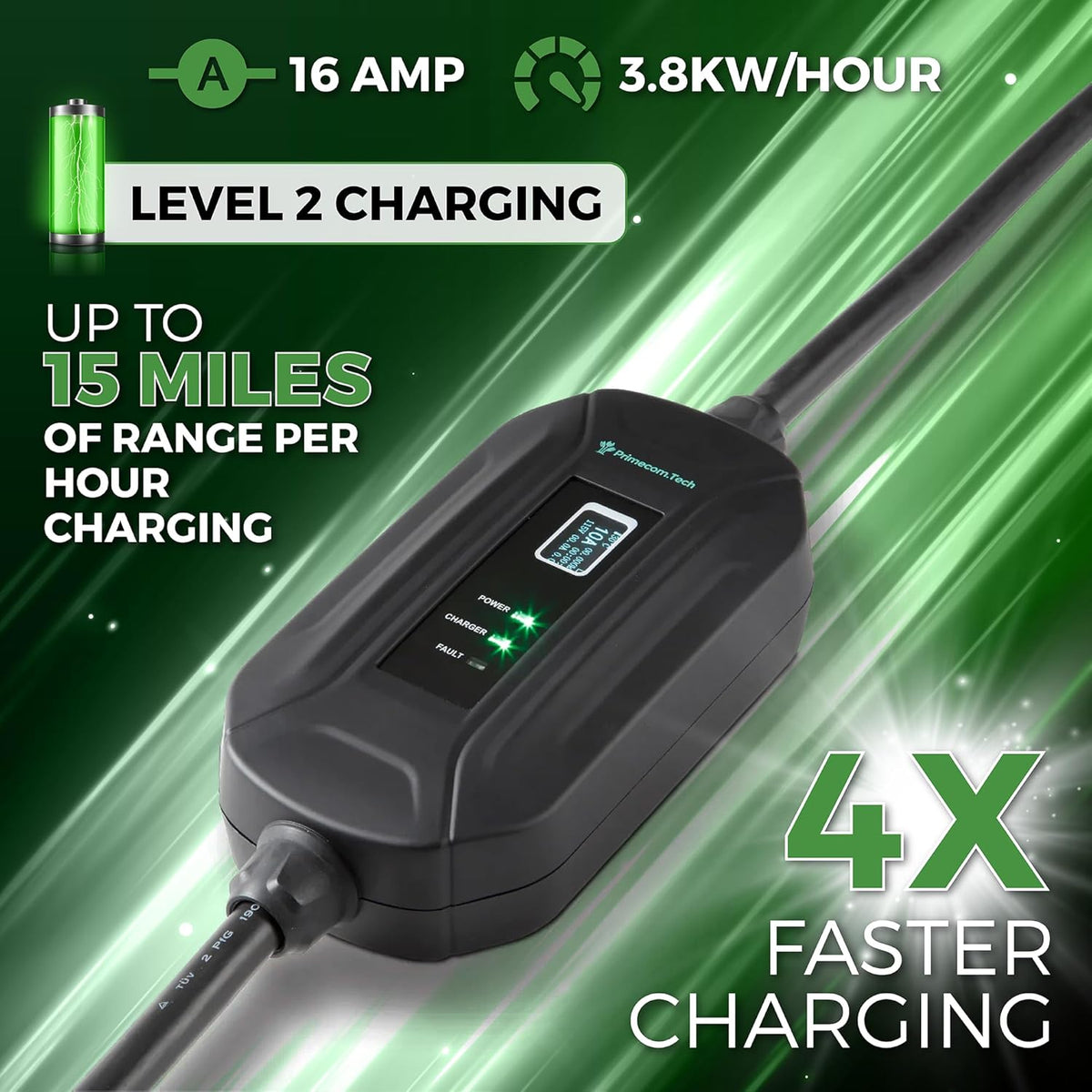 PRIMECOM Level 2 EV Charger 220/240V, 16A, 30ft & 50ft, Portable EVSE Electric Vehicle Charging Cable Compatible with Bolt Volt Leaf BMW i3 Fiat 500e Clarity NIRO Prius (30 Feet, 6-20P)