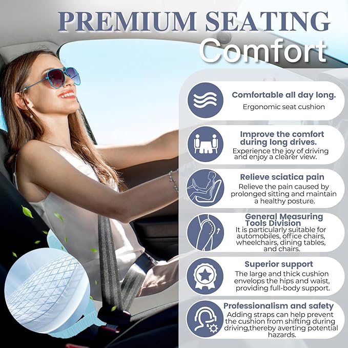 Memory Foam Seat Cushion for Sciatica & Back Pain Relief - Ergonomic Chair Pad with Adjustable Strap & Supportive Comfort Cover, Non-Slip for Car, Truck, Office Chair - Blue