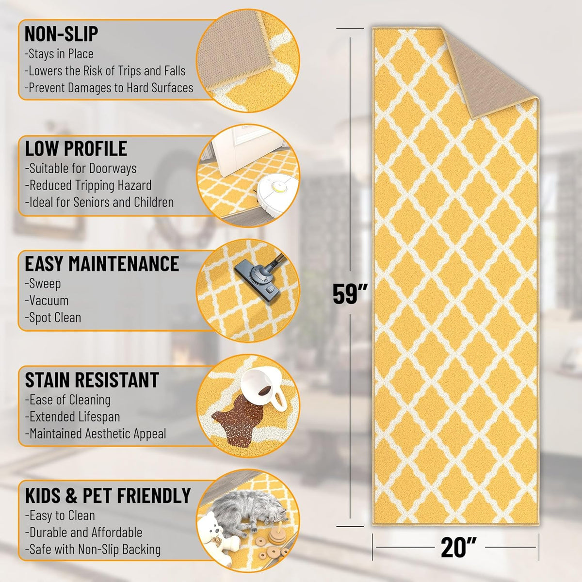 Ottomanson Hallway Runner Rug 20" x 59" Non Slip Trellis Area Rugs Easy to Clean Laundry Rug Runner Durable & Pet Friendly Floor Carpet Runners for Hallways Entryway Living Room Kitchen, Yellow