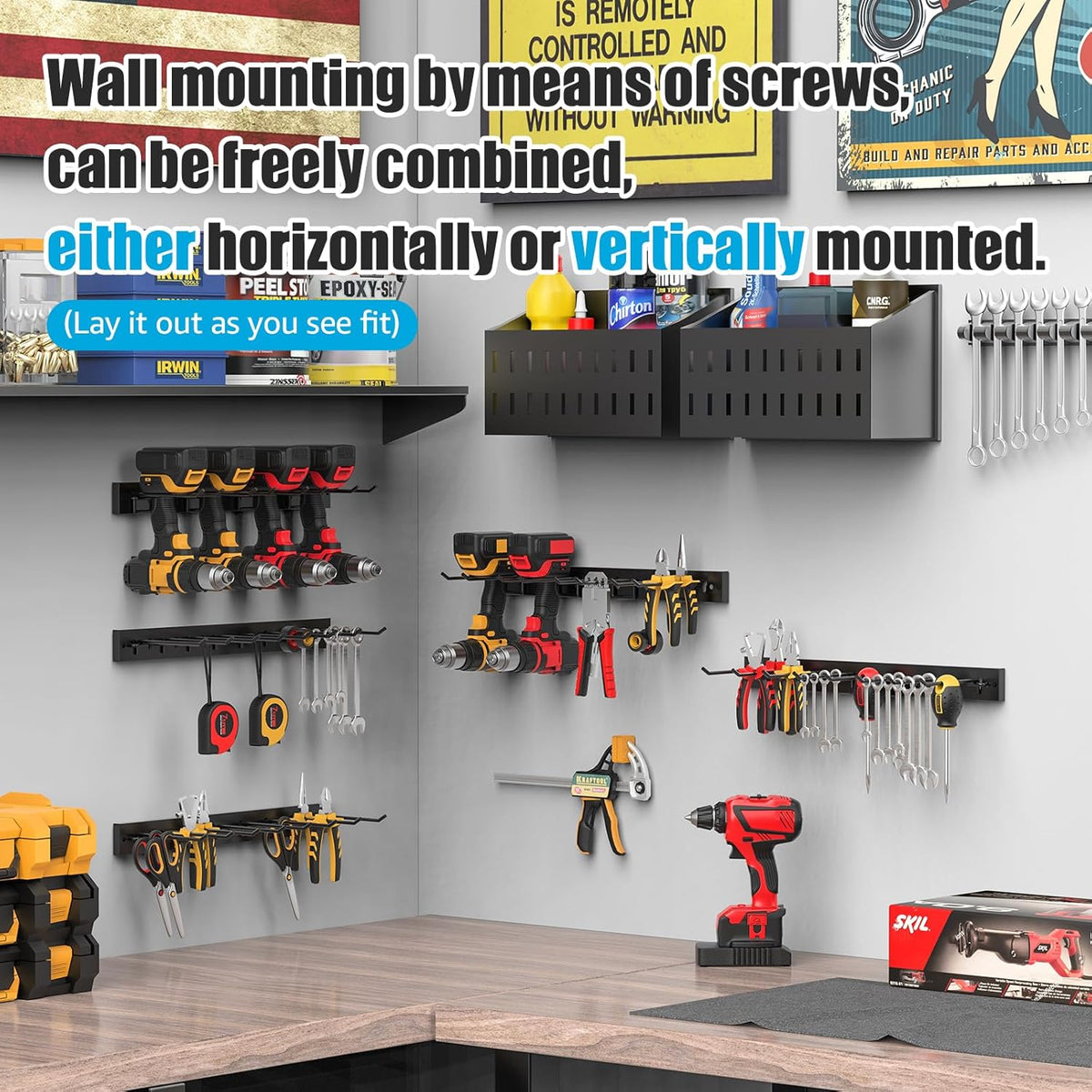 CCCEI 3 Modular Pegboard Strip Storage, Metal Peg Slat Wall Mount for Garage, Basement, Garden, Laundry Room Organization. Flexible Tool Organizer for Rake, Shovels, Crafting. Gifts for Men, Black.