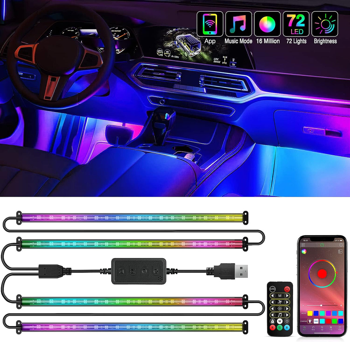 Nilight 72 LED USB Interior Strip Lights Dream Color RGB-IC 12V DC with App RF Remote Control Multicolor Footwell Under Dash Chasing Inside Light Kits 2 Lines Music Sync Mode for Cars Truck ATV UTV