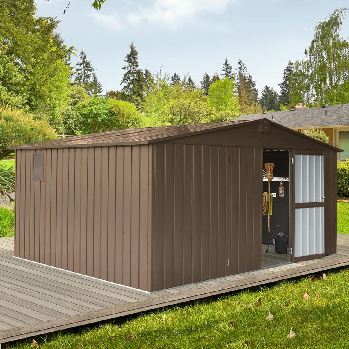 IKERY Extra - Large Galvanized Steel Storage Shed - 11' x 12.5' with Windows and Lock, Garden and Utility Tool Shed for Backyard and Patio, Brown