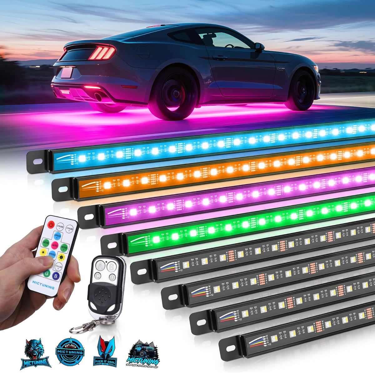 MICTUNING U8 RGBW Underglow LED Light Bars (8-Piece Kit) 888 Ultra-Bright LEDs, Dual Remotes, White+RGB Colors, IP68 Waterproof Aluminum Housing – for Cars, Trucks, SUVs, ATVs