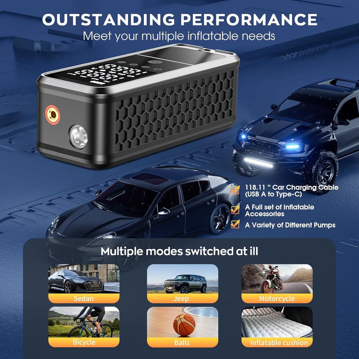 Tire Inflator Portable Air Compressor, 160 PSI Air Pump for Car Tires with Digital Pressure Gauge, Bike Tire Pump with LED Light Portable Tire Inflator for Car, Bike, Motorcycle, Ball