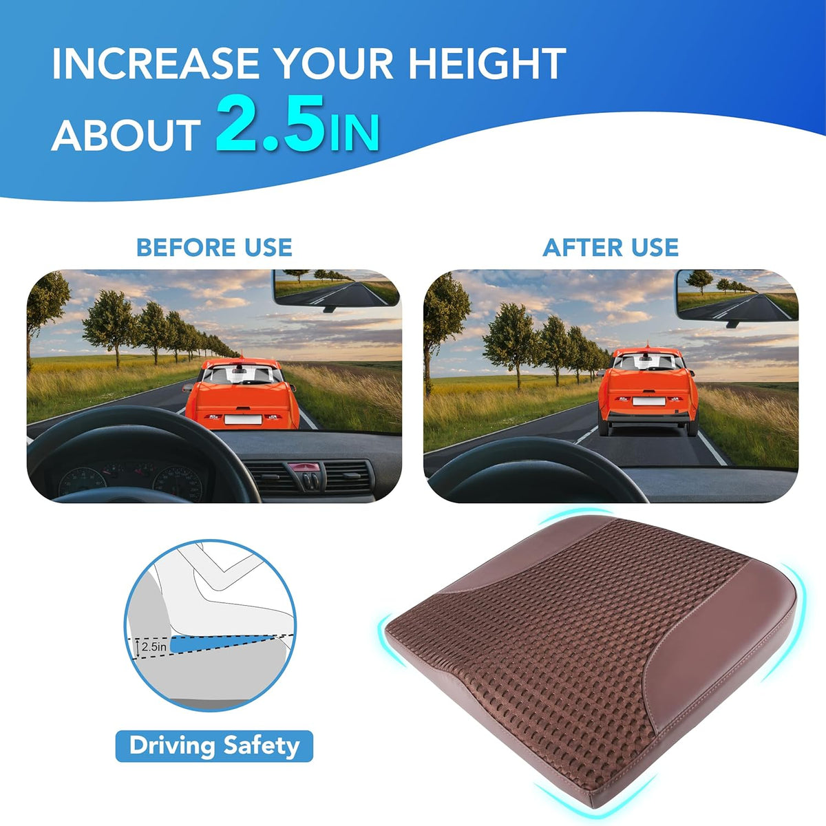 Car Seat Cushion, Comfortable Memory Foam Seat Pillow for Driving, Sciatica-Back Pain Relief, Cushion for Car-Truck, Office, Wheelchair - Brown