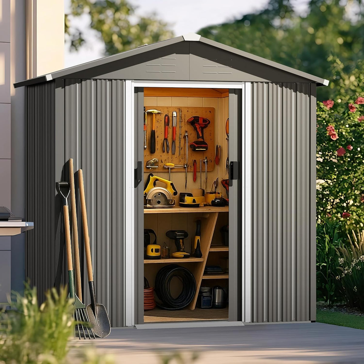 Nuu Garden 6 x 4 FT Outdoor Storage Shed with Sliding Doors, Galvanized Metal Garden Shed with Sloping Roof, Anti-Corrosion Outdoor Tool Shed with Air Vents for Backyard, Patio, Lawn, Gray