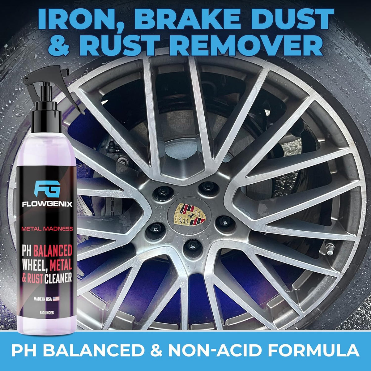 Car Wheel Cleaner Spray (8oz) - Iron Remover Car Detailing Rim Cleaner - PH Balance Wheel Brake Dust Remover - Includes 2 Microfiber Towels