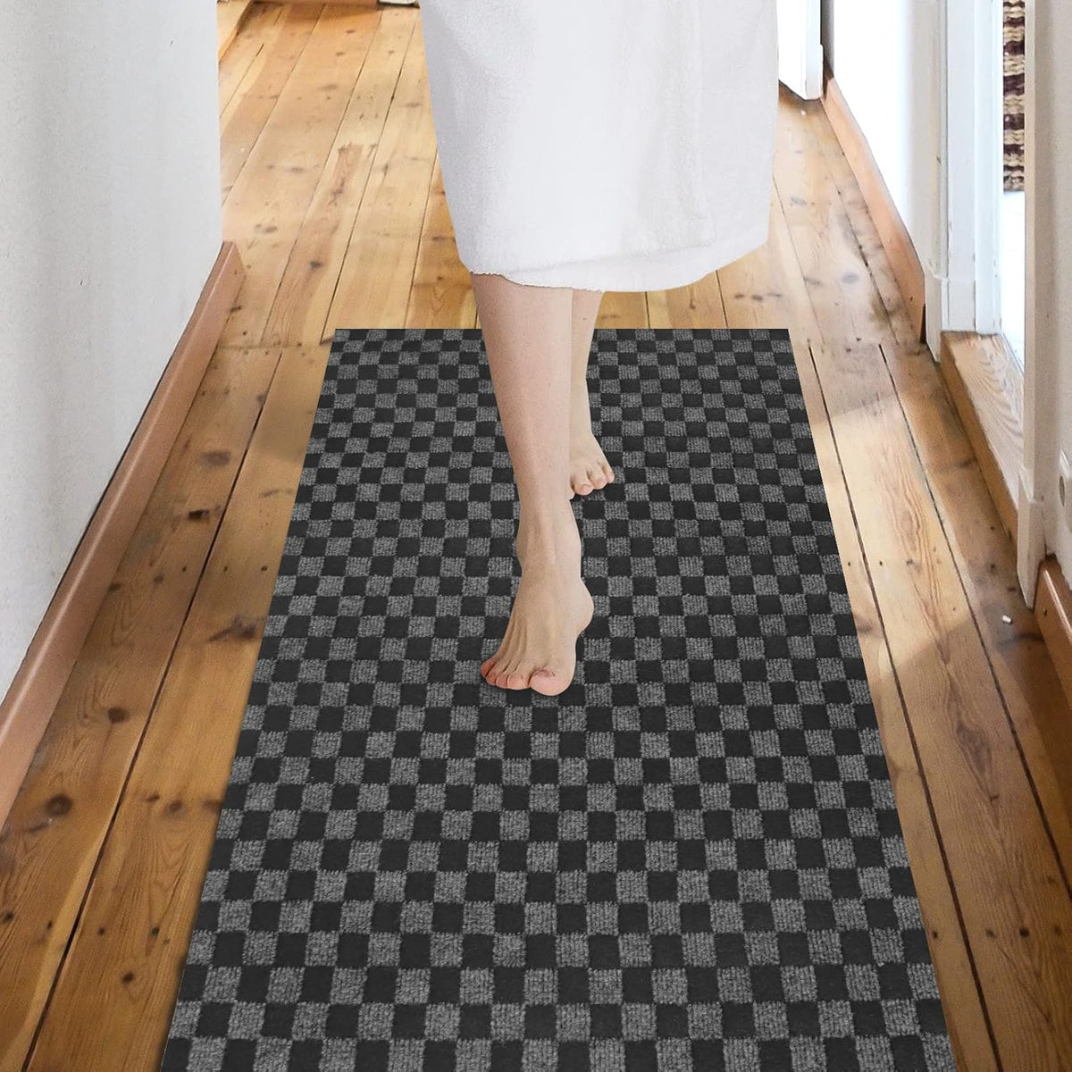 Custom Size Backed Non-Slip Area Rugs Runner, Easy Clean, Waterproof Runner Rugs for Hallway Entryway, Kitchen, Laundry, 2FT x 63FT, Gray Checkered