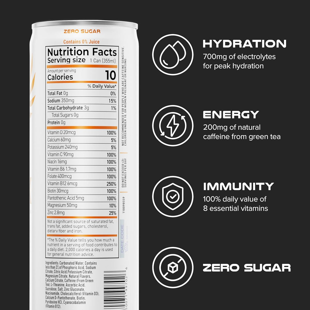 PHX Hydration Energy Drink - 700mg Electrolytes, 200mg Natural Green Tea Caffeine, 100% Daily Value 8 Essential Vitamins - 12 oz Cans (12 Pack) (12 Pack, Orange)