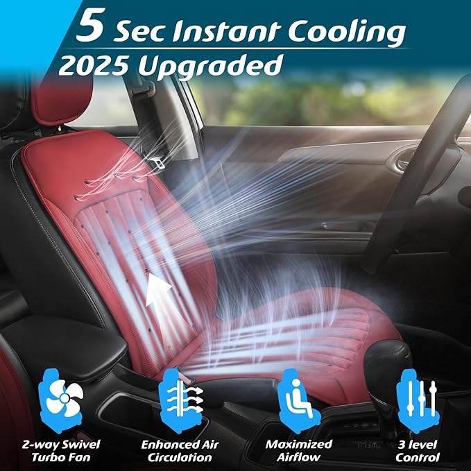 Paffenery 2025 Upgraded Cooling Car Seat Cover Front Seat, 12V-24V Ventilated Cooling Car Seat Cushion, Cooled Seat Cover for Car SUV Truck Universal Fit, Dark Red