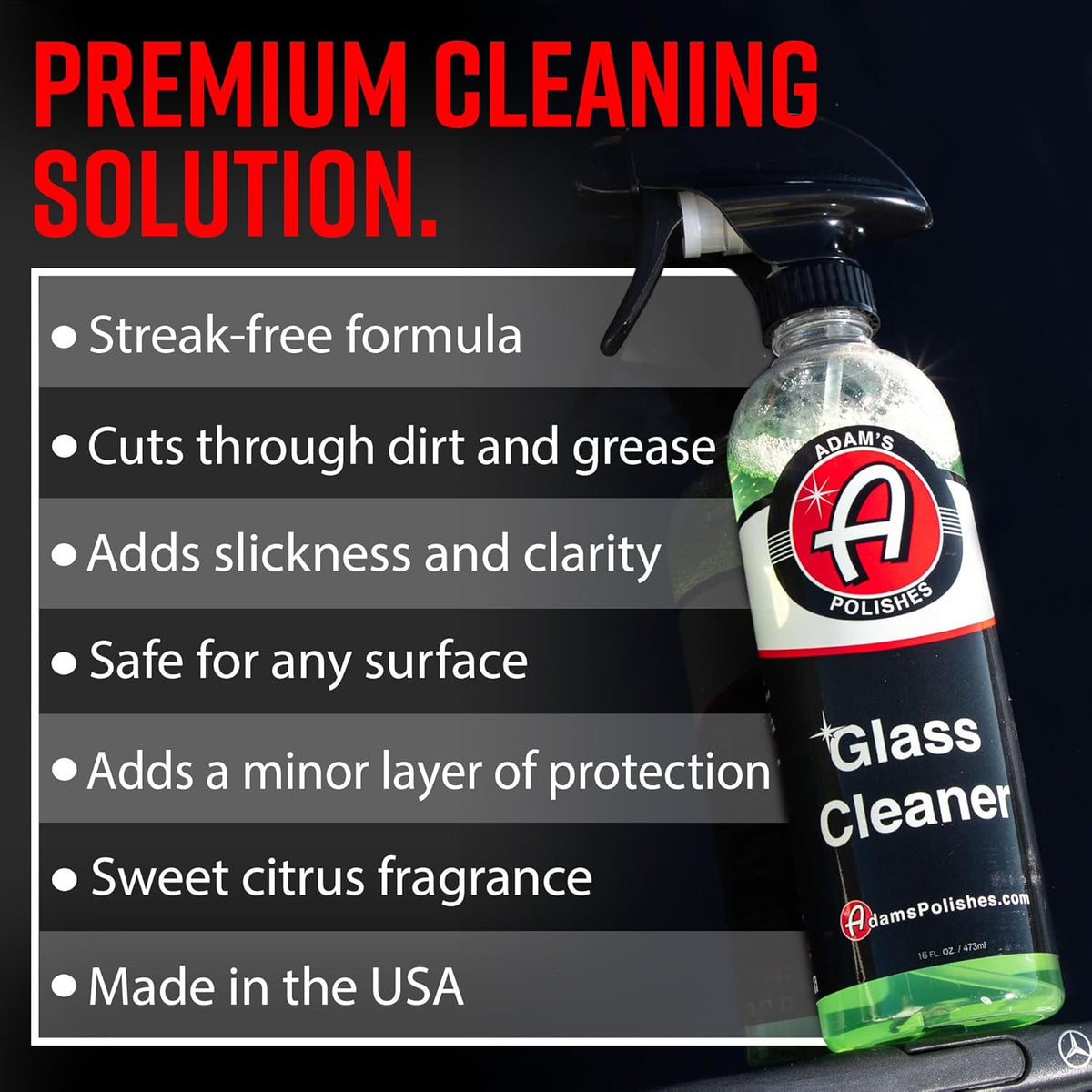 Adam's Polishes Glass Cleaner - Car Window Cleaner | Car Wash All-Natural Streak Free Formula For Car Cleaning | Safe On Tinted & Non-Tinted Glass | Won’t Strip Car Wax or Paint Protection
