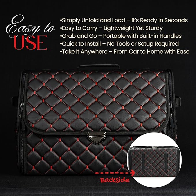 Leather Trunk Organizer with Lid for Suv and more, Foldable Car Organizer, Car Organizers and Storage with Pockets, Non-Slip Design (Red-Black)
