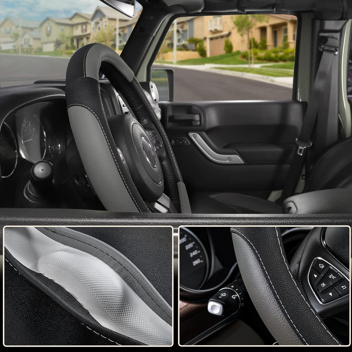 SEG Direct Car Steering Wheel Cover for F-150 Tundra Range Rover 15.5-16 inch, Black and Gray Microfiber Leather