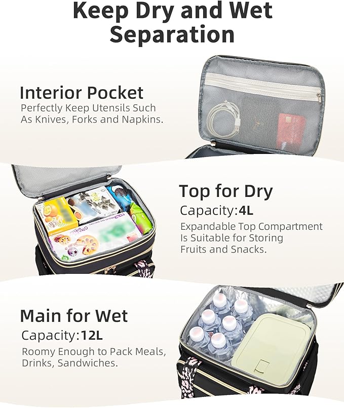 Double Deck Lunch Box for Women, Expandable Insulated Large Lunch Bag Women Leakproof Lightweight Lunch Cooler Bag Durable Lunchbox for Work Outdoor Travel, Black