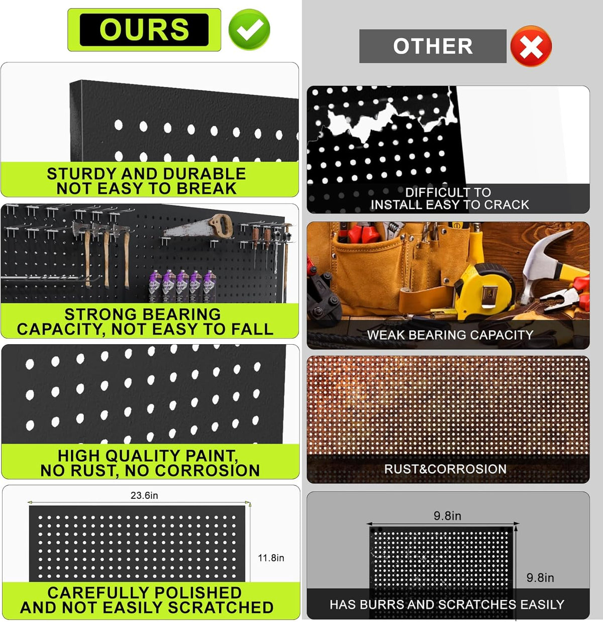 4 Pack Metal Pegboard Panels 24" x 12" Black Heavy Duty Steel Pegboard Wall Organizer, Garage Utility Tools Pegboard Storage System for Workbench, Shop, Shed Modular Peg Board Organizer Board Kit