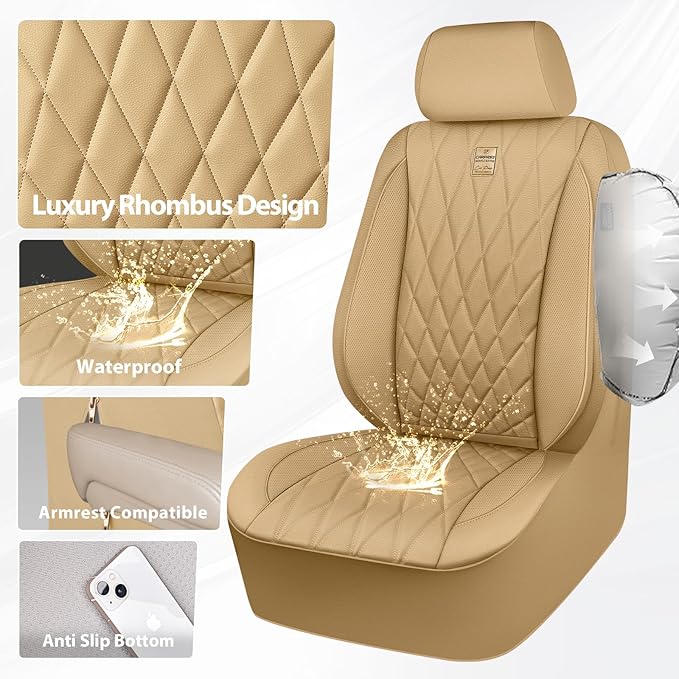CAR PASS Piping Luxury PU Leather Two Front Car Seat Covers, Waterproof Anti Slip Seat Covers Compatible with Front Seat Armrests,Universal Fit for Suvs,Vans,Trucks,Airbag Compatible(All Beige)