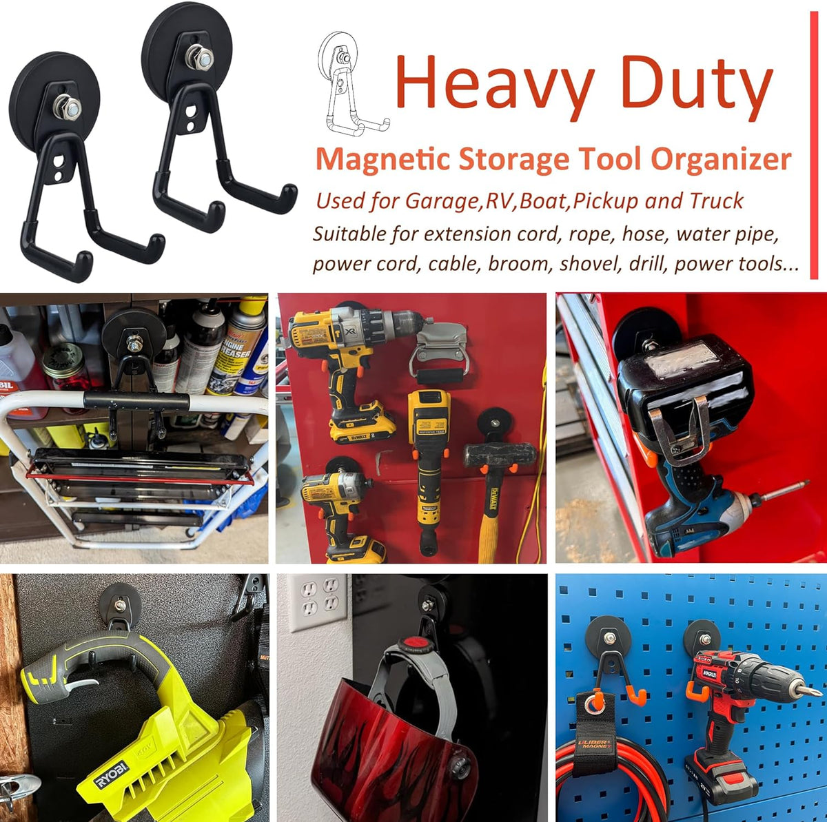 ULIBERMAGNET Heavy Duty Magnetic Garage Hooks,4 Pack Strong Large Magnet Hook for Power Drill,Garden Tools,Hose,Pegboard,Garage, Workshop,Magnetic Storage Hooks for Indoor Outdoor Hanging(Black)