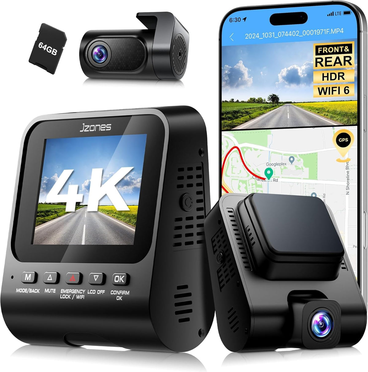 Dash Cam Front and Rear: 4K+1080P FHD Dual Dash Camera for Cars with Night Vision, 2 Channel HDR Dash Camera, 24H Parking Mode Car Camera, Built-in GPS, WiFi 6, Free 64GB Card
