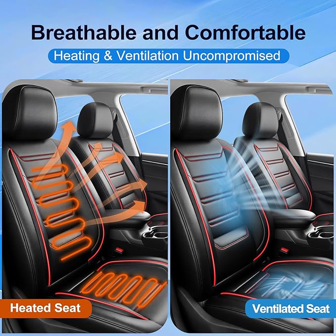 Fit Accord Car Seat Covers for Select Honda Accord 2012-2026 - Premium Full Coverage Leather, Airbag Compatible, Waterproof & All Weather Seat Cushion Protector, Full Set, Black with Red Trim