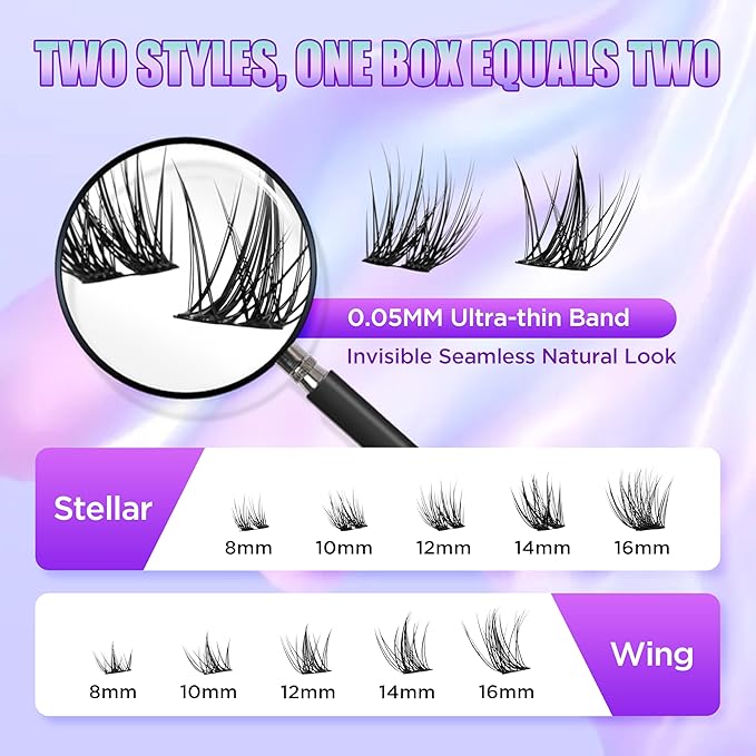Lash Extension Kit DIY Lash Clusters Kit Eyelash Extensions Individual Lashes Extensions with (Bond,Seal,Tweezers,132Pcs,Stellar+Wing,10-16mm)