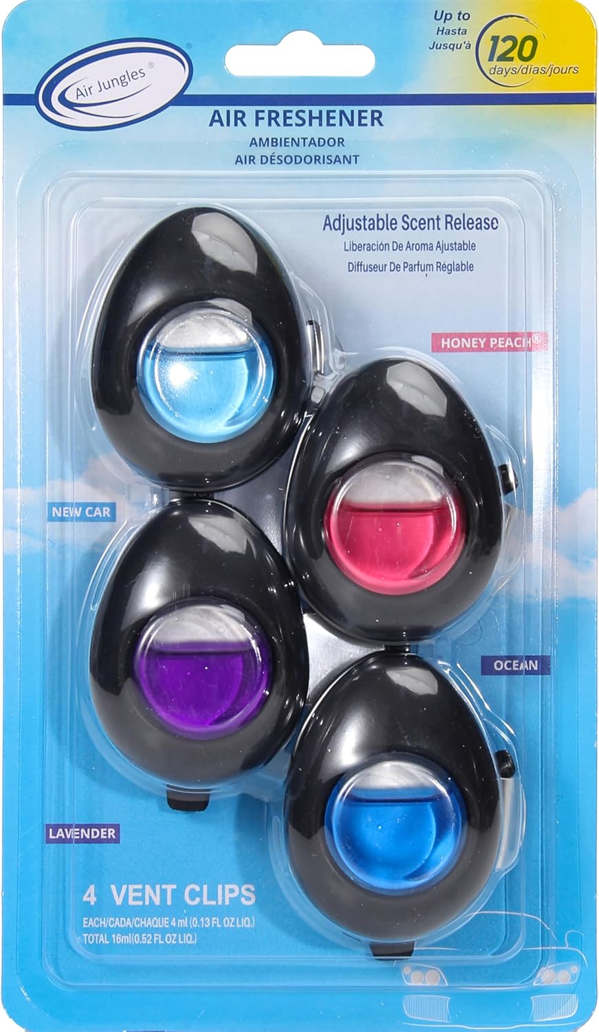 Air Jungles Car Air Freshener Vent Clip 4 Count, Variety Pack, New Car, Honey Peach, Lavender, Ocean, 4 ml Each, Long-Lasting Car Odor Eliminator, Up to 120 Days Freshness for Auto