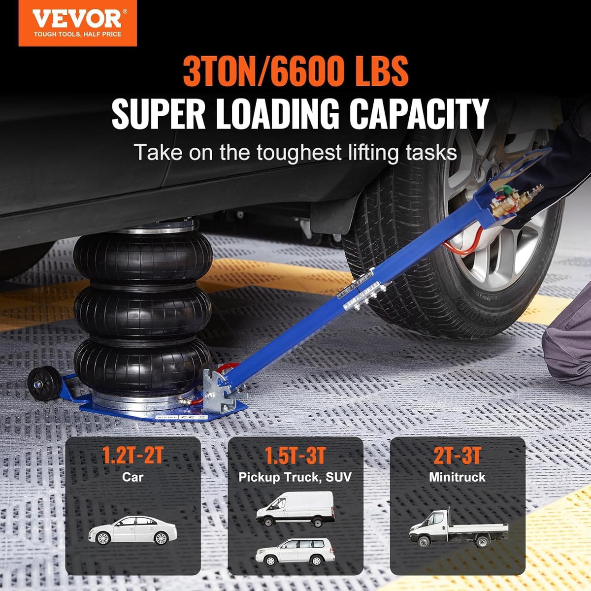 VEVOR Air Jack, 3 Ton/6600 lbs Triple Bag Air Jack, Airbag Jack with Six Steel Pipes, Lift up to 17.7", 3-5 s Fast Lifting Pneumatic Jack, with Adjustable Long Handles for Cars