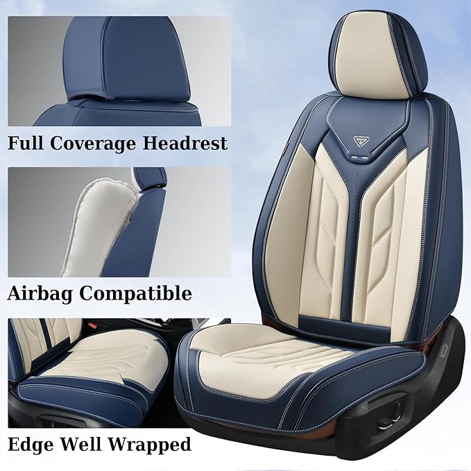 Coverado Car Seat Covers Full Set, Leather Seat Covers for Cars, Automotive Seat Covers Car Seat Protectors Car Accessories Universal Fit for Most Sedans SUV Pick-up Truck(Blue&Beige)