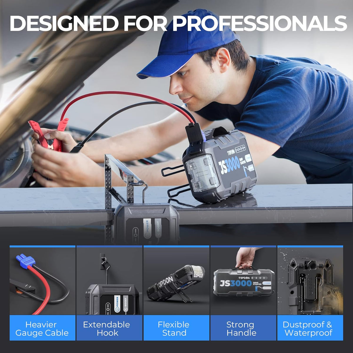 JS3000 12V 3000A Battery Booster Jump Starter Pack for Up to 9L Gas/ 7L Diesel Engines, Portable Car Battery Charger with Handle Jumper Cable and EVA Protection Case